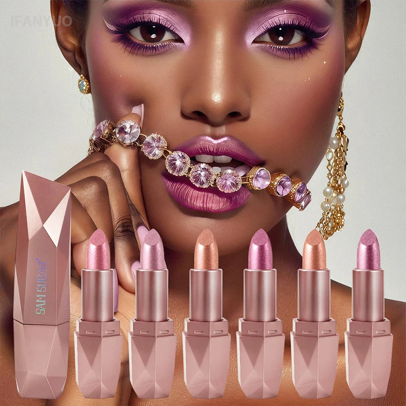 6 Colors Glitter Coral Gold Lipstick Diamond Pink Peach Sparkling Lip Color Highly Pigmented Lip Tint Balm Metallic Lip Makeup - Image 5