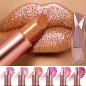 6 Colors Glitter Coral Gold Lipstick Diamond Pink Peach Sparkling Lip Color Highly Pigmented Lip Tint Balm Metallic Lip Makeup