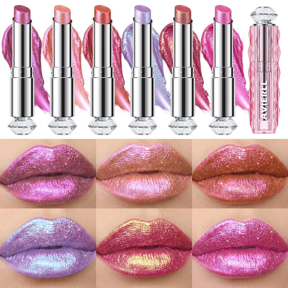 6 Colors Glitter Lipstick Hydrating Red Pink Sparkling Shine Lip Color Highly Pigmented Lip Tints Metallic Finish Lip Makeup - Image 2