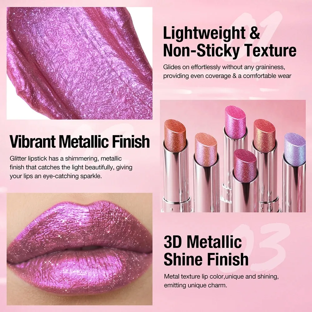 6 Colors Glitter Lipstick Hydrating Red Pink Sparkling Shine Lip Color Highly Pigmented Lip Tints Metallic Finish Lip Makeup - Image 6