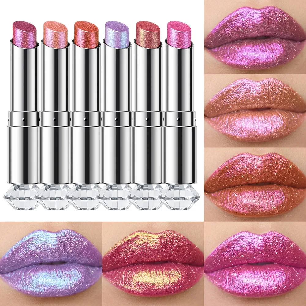 6 Colors Glitter Lipstick Hydrating Red Pink Sparkling Shine Lip Color Highly Pigmented Lip Tints Metallic Finish Lip Makeup - Image 4