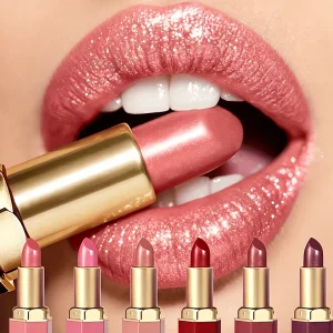 6 Colors Gold Bar Tube Lipstick Matte Texture Pearlescent Glitter Velvet Lipstick Valentine's Day Gift 1PCS