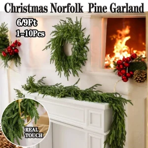 6/9 Ft Christmas Norfolk Pine Garland Real Touch Artificial Greenery Wreath Bulk for Holiday Fireplace Table Indoor Home Decor
