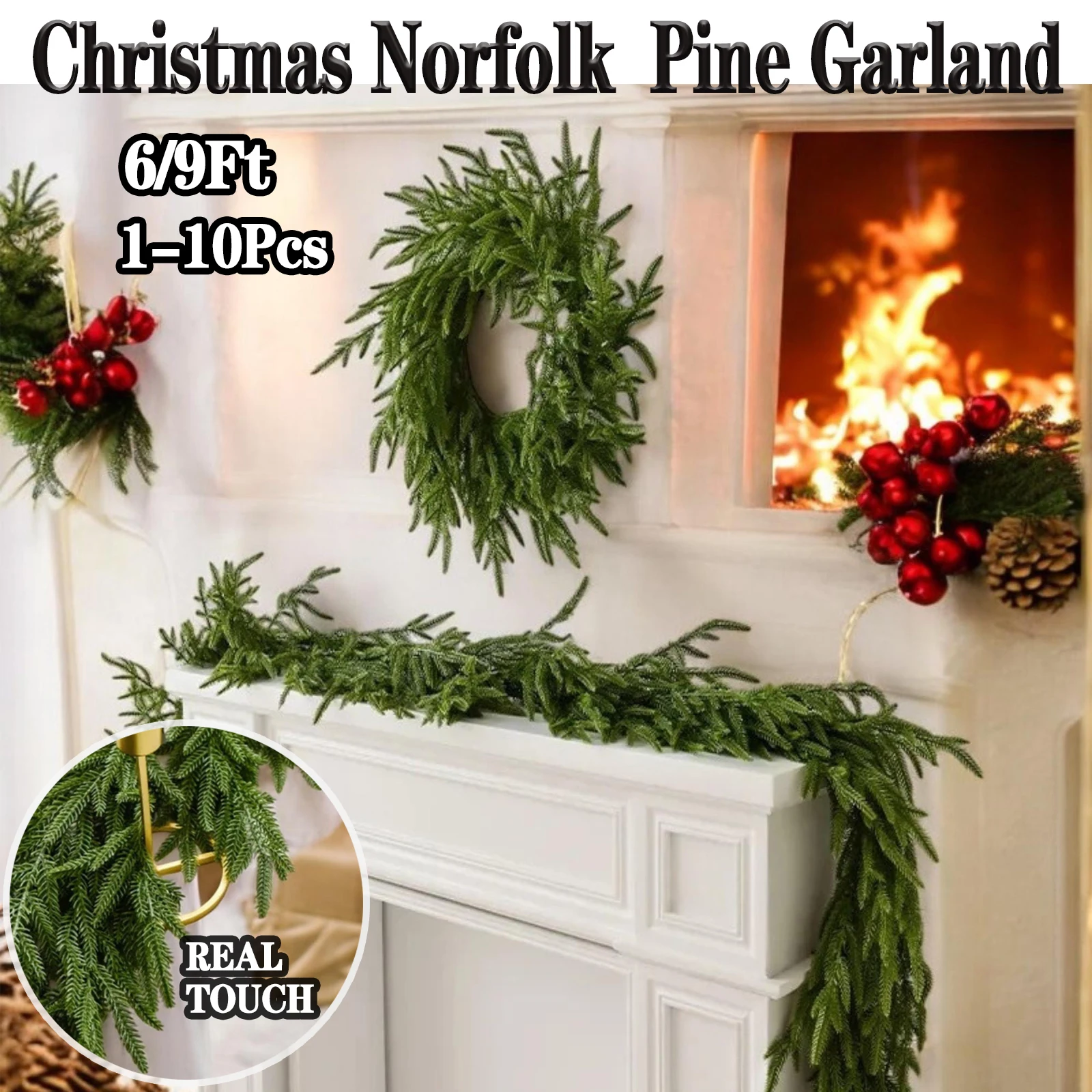6/9 Ft Christmas Norfolk Pine Garland Real Touch Artificial Greenery Wreath Bulk for Holiday Fireplace Table Indoor Home Decor