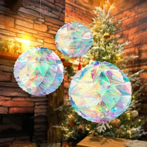 6PCS Christmas Iridescent Honeycomb Ball Hanging Ornaments DIY Iridescent Foil Ball for Wedding Birthday Christmas Party Decor
