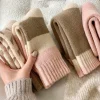 6Pcs (3 Pairs Mixed Colors) Thick Socks, One Size Fits All, Women's Autumn and Winter Style, Trendy Mid-Calf Socks, Winter High-Calf Fleece-Lined Thick Warm Solid Color Terry Long Socks