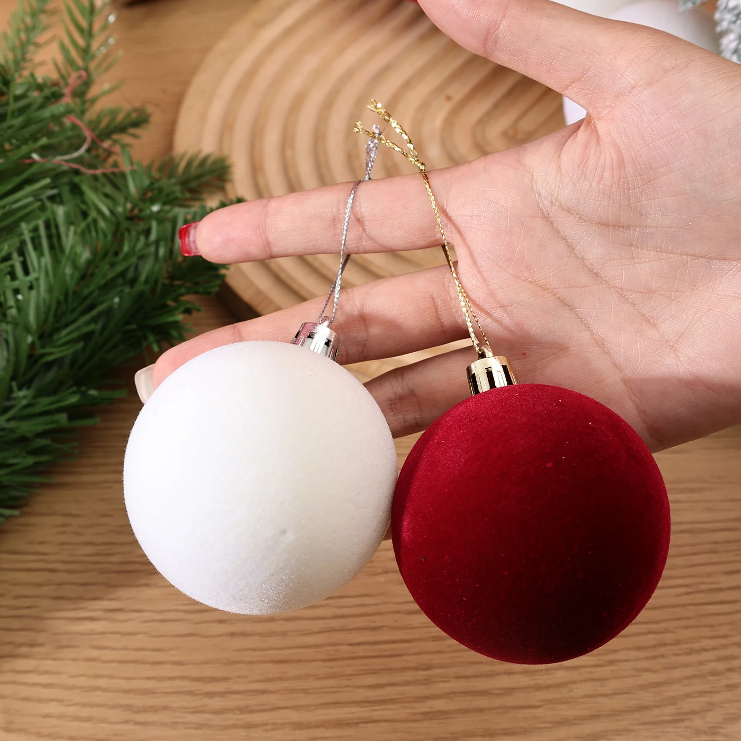6cm Wine Red Velvet Christmas Balls for Xmas Tree Flocked Xmas Ball Hanging Pendents Navidad Festival Party Home Decor Supplies - Image 2