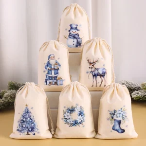 6pcs Christmas Linen Cotton Gift Bags Merry Christmas Decorations 2026 Xmas Packing Candy Bag Navidad Natal New Year Decor 2027