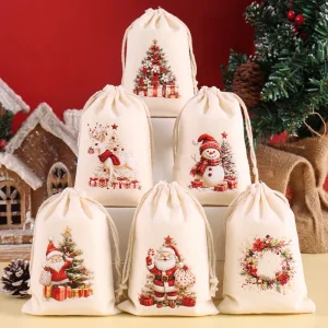 6pcs Christmas Linen Drawstring Bags Burlap Gift Bags Candy Biscuits Pouchs for Home Decor 2025 Navidad Natal New Year Gift 2026