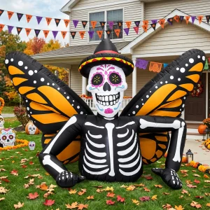 7FT Halloween Inflatable Butterfly Skull Figurine with LED Lighting, Suitable for Halloween Outdoor Patio Decoration