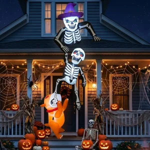 8FT Outdoor Inflatable Halloween Decoration Skeleton with Dog Biting Climbing Design for Patios Rooftops And Parties