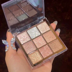 9-Color Glitter Eyeshadow Palette - Long-Lasting Rose and Pink Shades, Metallic Finish, Matte and Shimmer Effects, High Color Payoff, Long-Lasting, Easy to Blend, Pink Gold Brown