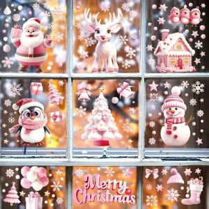 9 Sheets Christmas Window Clings Cute Santa Snowman Reindeer Merry Christmas Glass Stickers Winter Wonderland Window Decals