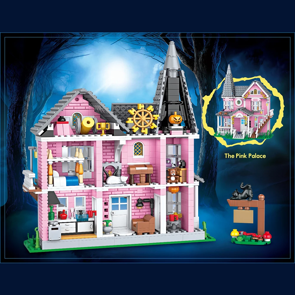 958pcs City Street View Series Pink Castle Apartments Model Building Blocks MOC Kitten Windmill Bricks Creative Toys Girls Gifts - Image 2