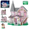 958pcs City Street View Series Pink Castle Apartments Model Building Blocks MOC Kitten Windmill Bricks Creative Toys Girls Gifts