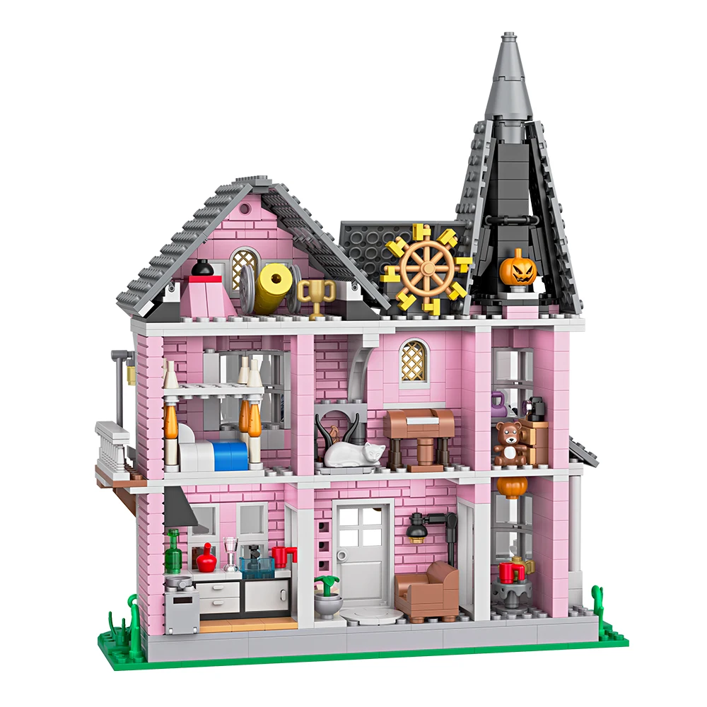 958pcs City Street View Series Pink Castle Apartments Model Building Blocks MOC Kitten Windmill Bricks Creative Toys Girls Gifts - Image 4