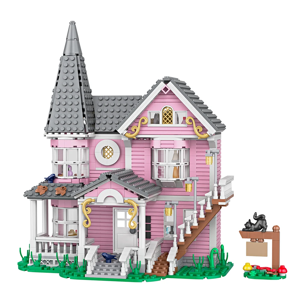 958pcs City Street View Series Pink Castle Apartments Model Building Blocks MOC Kitten Windmill Bricks Creative Toys Girls Gifts - Image 3