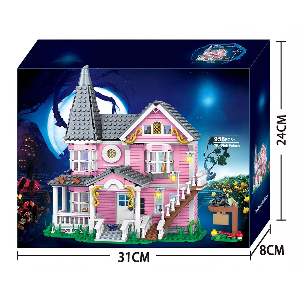 958pcs City Street View Series Pink Castle Apartments Model Building Blocks MOC Kitten Windmill Bricks Creative Toys Girls Gifts - Image 6
