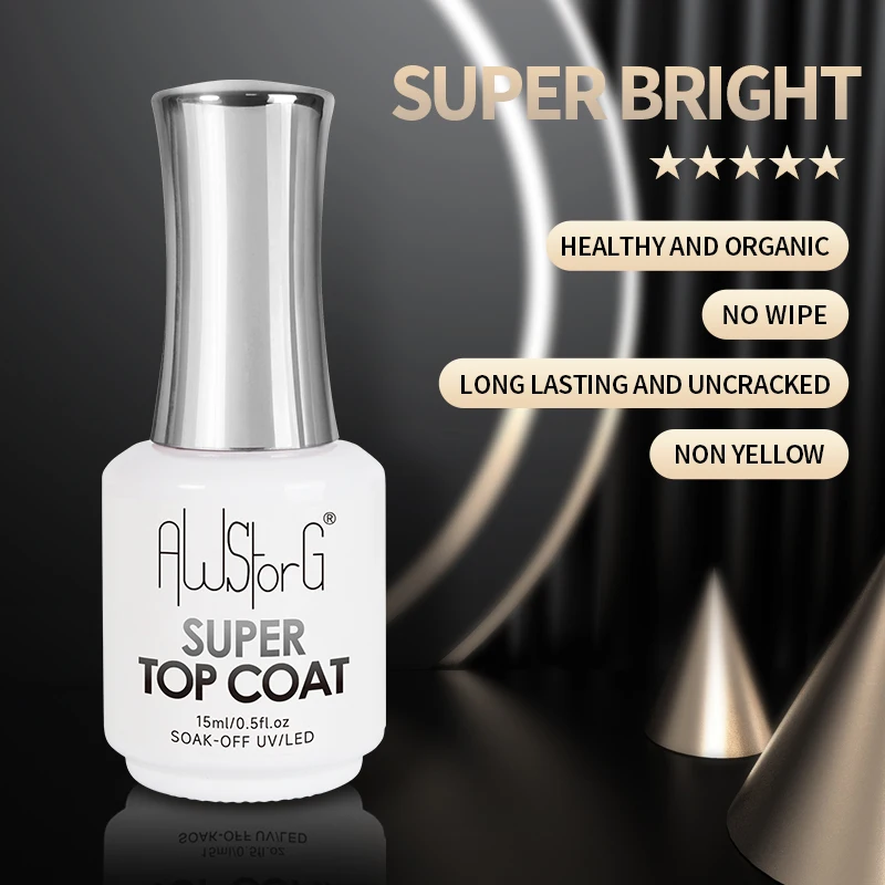 AWStorG 15ML Super Top Coat Nail Art Gel Varnish Semi Permanent Soak Off No Wipe UV Gel Varnish Shining Clear Top Coat - Image 3