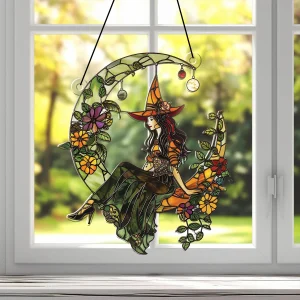 Acrylic Halloween Witch on Moon Suncatcher, Colorful Floral, Art Leaf, Crescent Moon Hanging Window Ornaments for Home & Garden