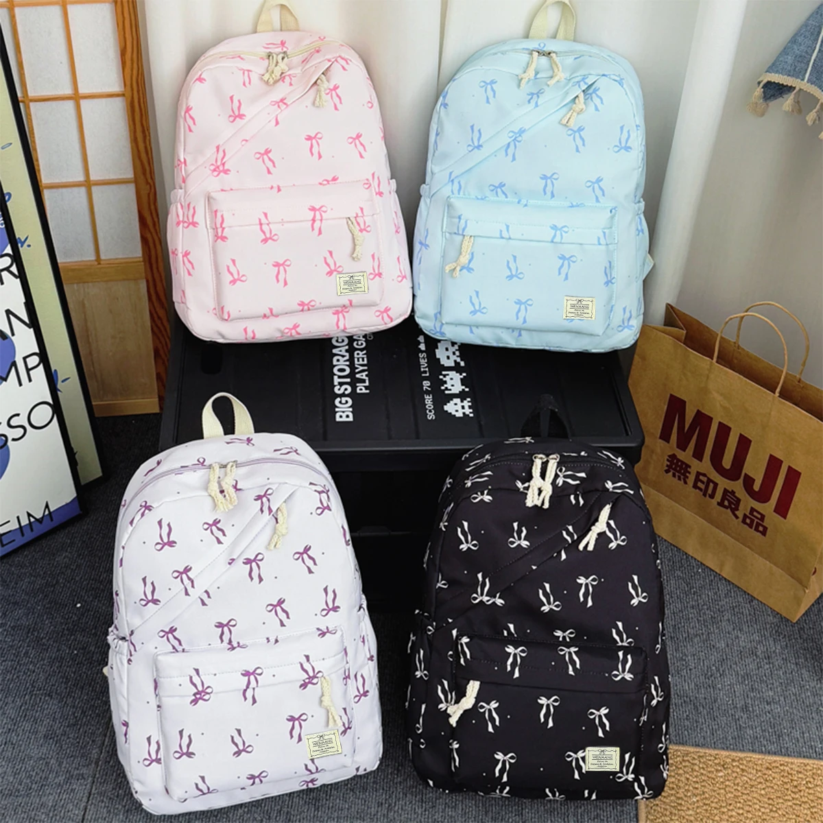 Advanced Fashion Bow Dot Printed Backpack Nylon Lightweight Large Capacity Diagonal Zipper Backpack Campus Student Backpack - Image 4