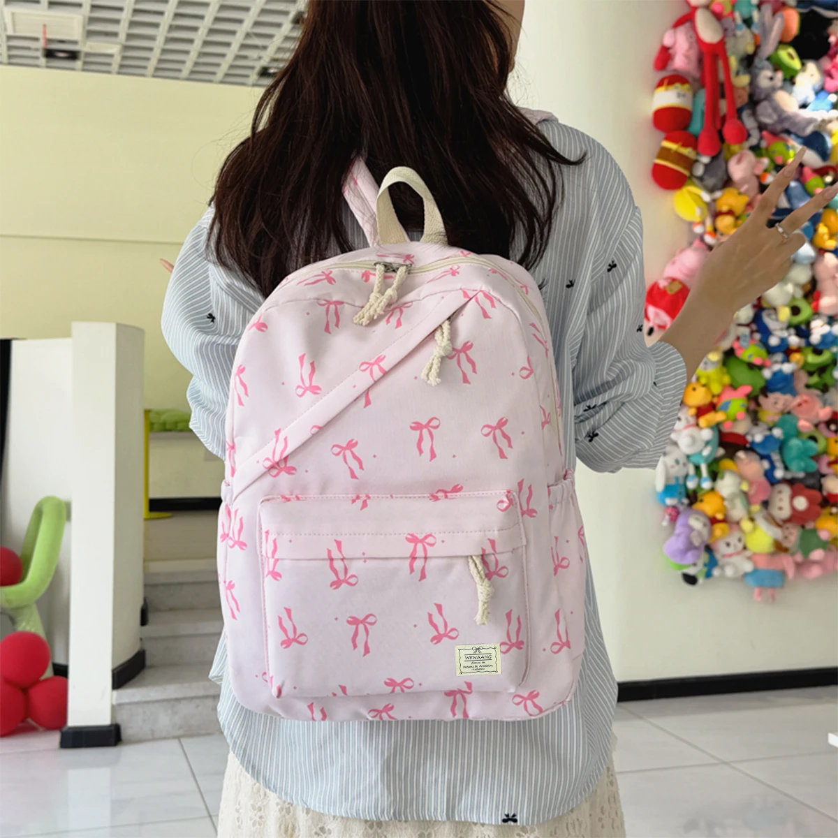Advanced Fashion Bow Dot Printed Backpack Nylon Lightweight Large Capacity Diagonal Zipper Backpack Campus Student Backpack - Image 6