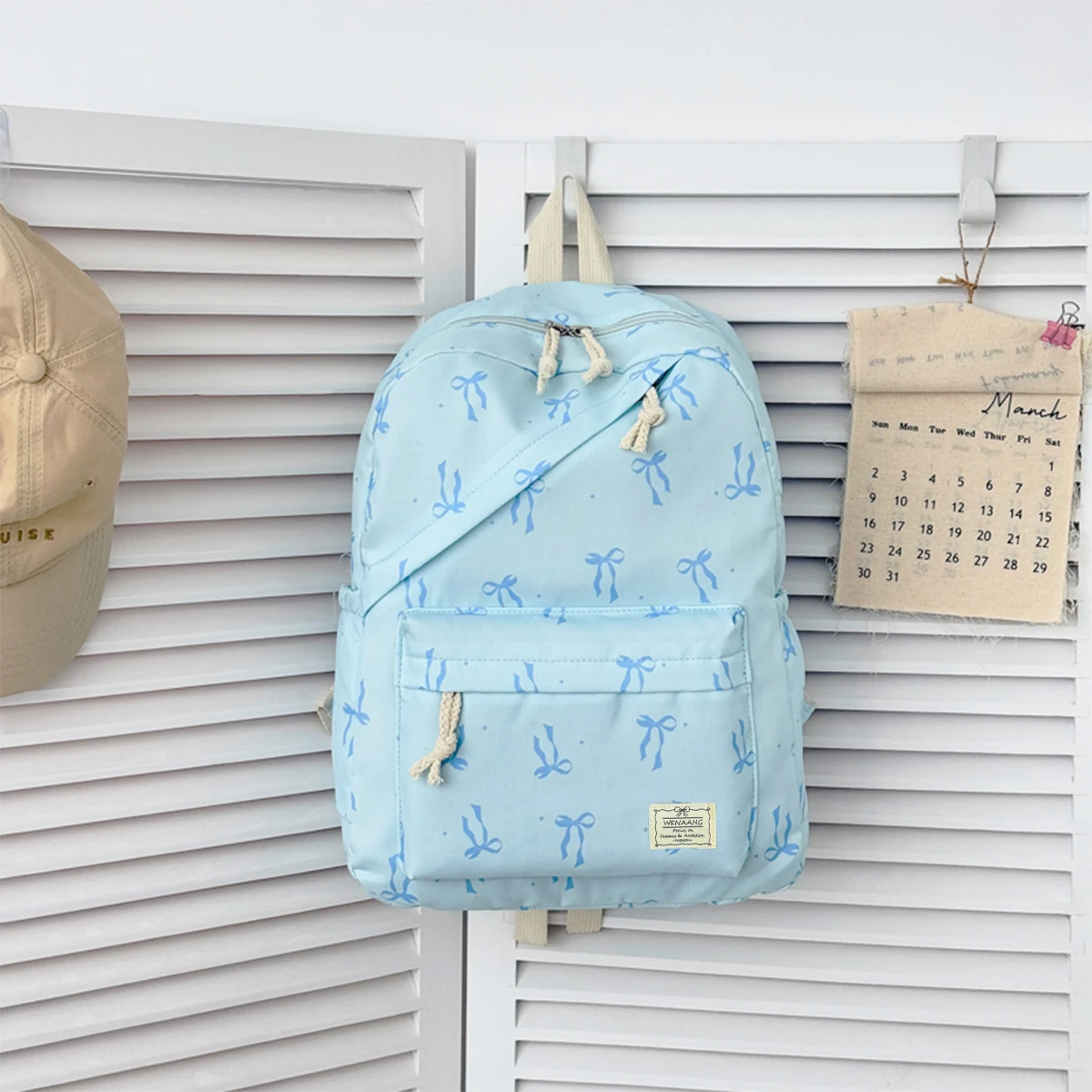 Advanced Fashion Bow Dot Printed Backpack Nylon Lightweight Large Capacity Diagonal Zipper Backpack Campus Student Backpack