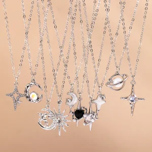 Aihua Exquisite Y2K Silver Color Crystal Sun Moon Star Necklaces for Women Korean Temperament Clavicle Chain Jewelry Gifts