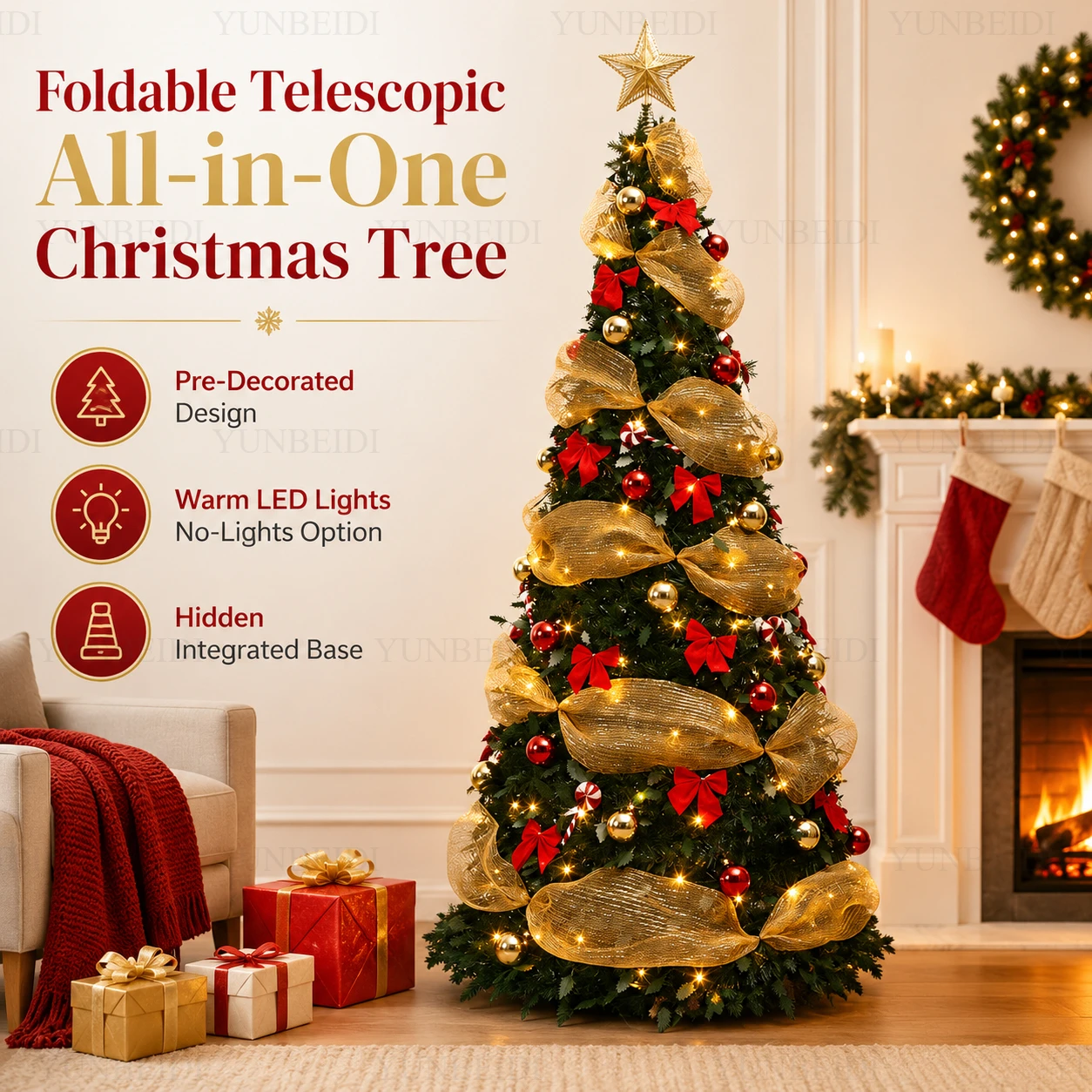 All in One Foldable Christmas Tree with Ornaments LED Lights High-end Artificial Christmas Tree 150cm/180cm Home Christmas Decor - Image 2