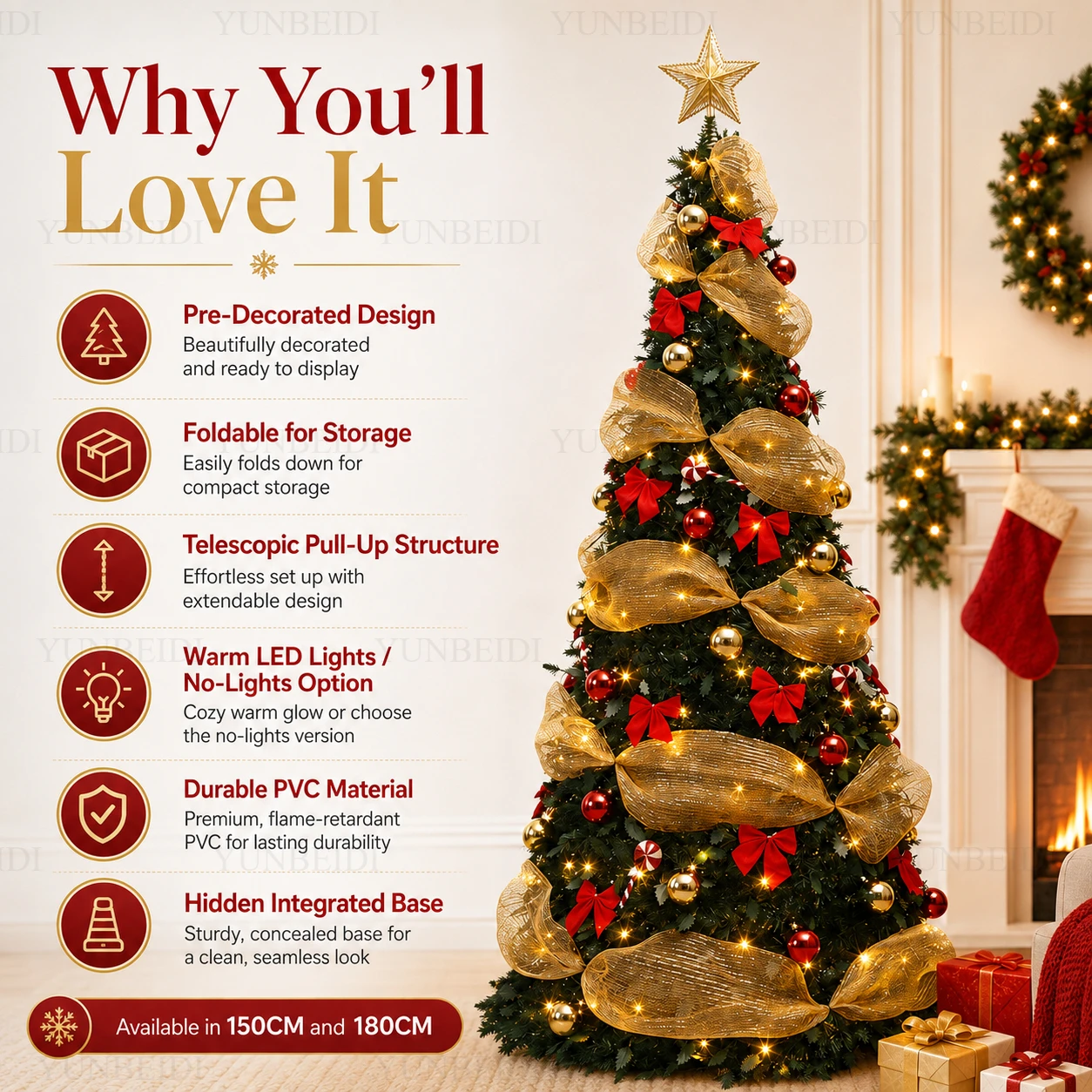 All in One Foldable Christmas Tree with Ornaments LED Lights High-end Artificial Christmas Tree 150cm/180cm Home Christmas Decor - Image 5