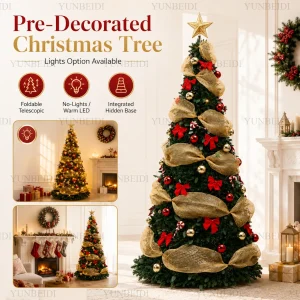 All in One Foldable Christmas Tree with Ornaments LED Lights High-end Artificial Christmas Tree 150cm/180cm Home Christmas Decor