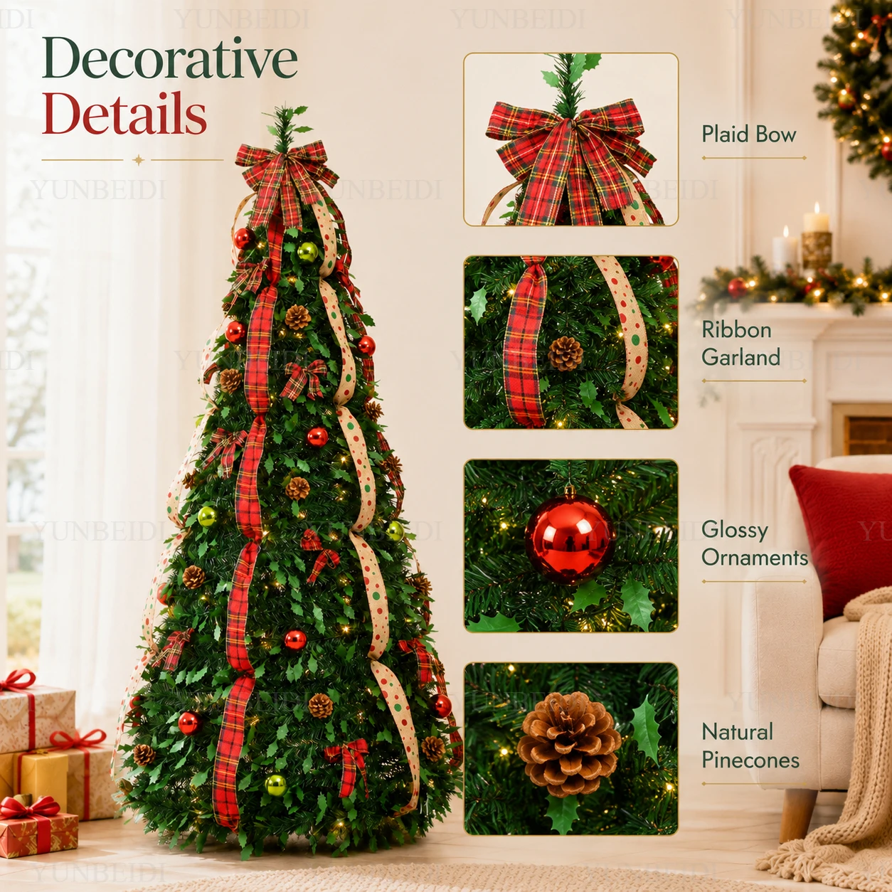 All in one Retractable Christmas Tree with Ornaments LED Lights High-end Retractable Christmas Tree 180CM Home Christmas Decor - Image 2