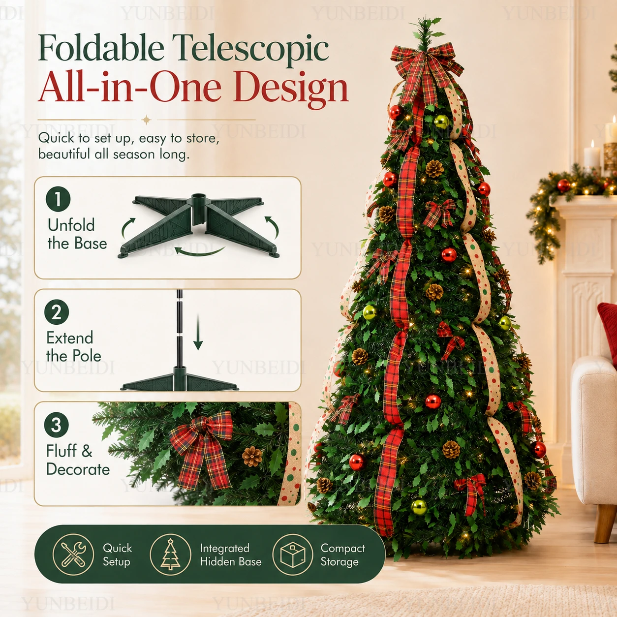 All in one Retractable Christmas Tree with Ornaments LED Lights High-end Retractable Christmas Tree 180CM Home Christmas Decor - Image 4