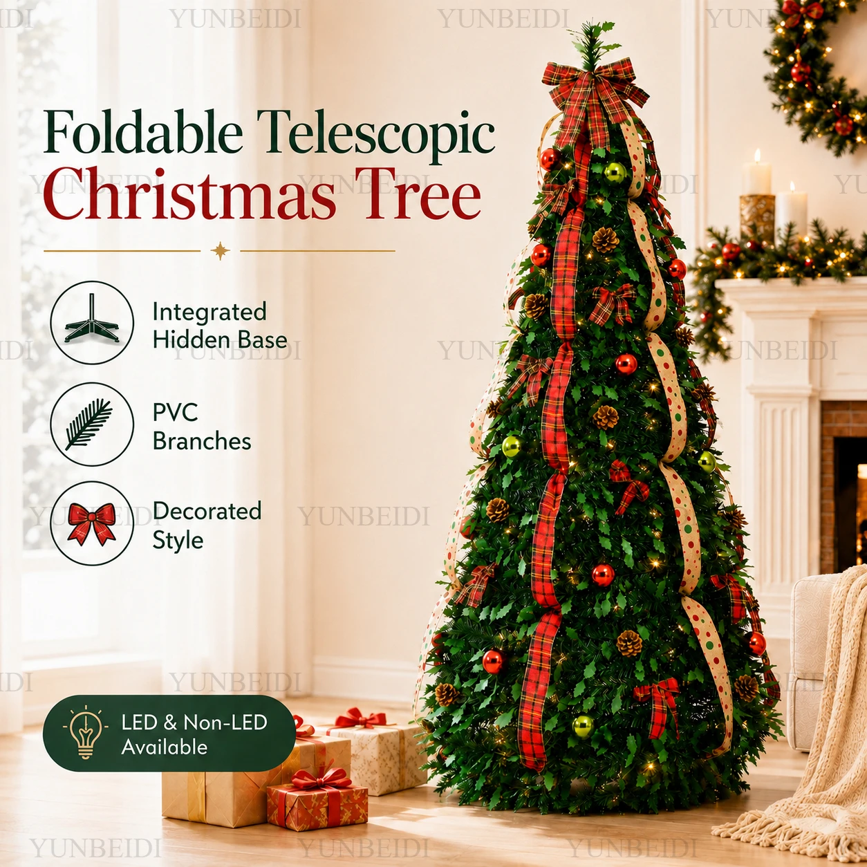 All in one Retractable Christmas Tree with Ornaments LED Lights High-end Retractable Christmas Tree 180CM Home Christmas Decor