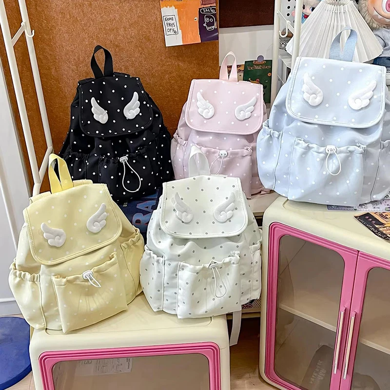 Angel Wings Polka Dot Quilted Students Backpack,Cute Sweet Fashion Nylon School Bag,Lightweight Casual Spacious Daily Travel Bag - Image 2