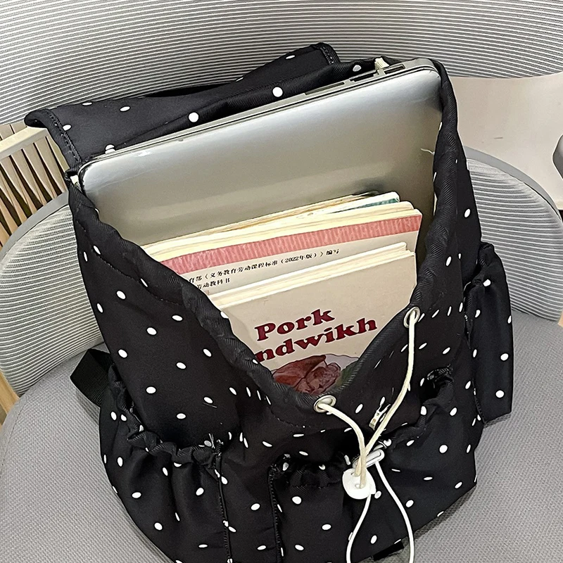 Angel Wings Polka Dot Quilted Students Backpack,Cute Sweet Fashion Nylon School Bag,Lightweight Casual Spacious Daily Travel Bag - Image 3