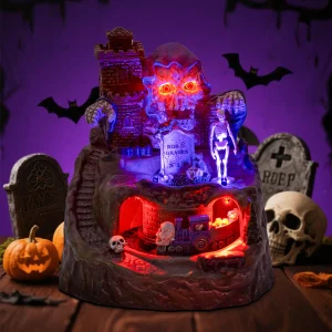 Animated Halloween Village House Decor with Moving Train Pre-Lit Music Skull Ghosts Tombstones Figurines Spooky Party Atmosphere