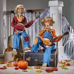Animated Motion Sound Activated Musical Multi Lingual Banjo Skeletons Duo Halloween Fall Indoor Glowing Skeleton Skeleton Decor