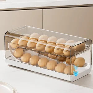 Auto-Rolling Egg Holder for Fridge with Timer Food-Grade Dispenser Fridge Egg Organizer Storage Box for Home Kitchen