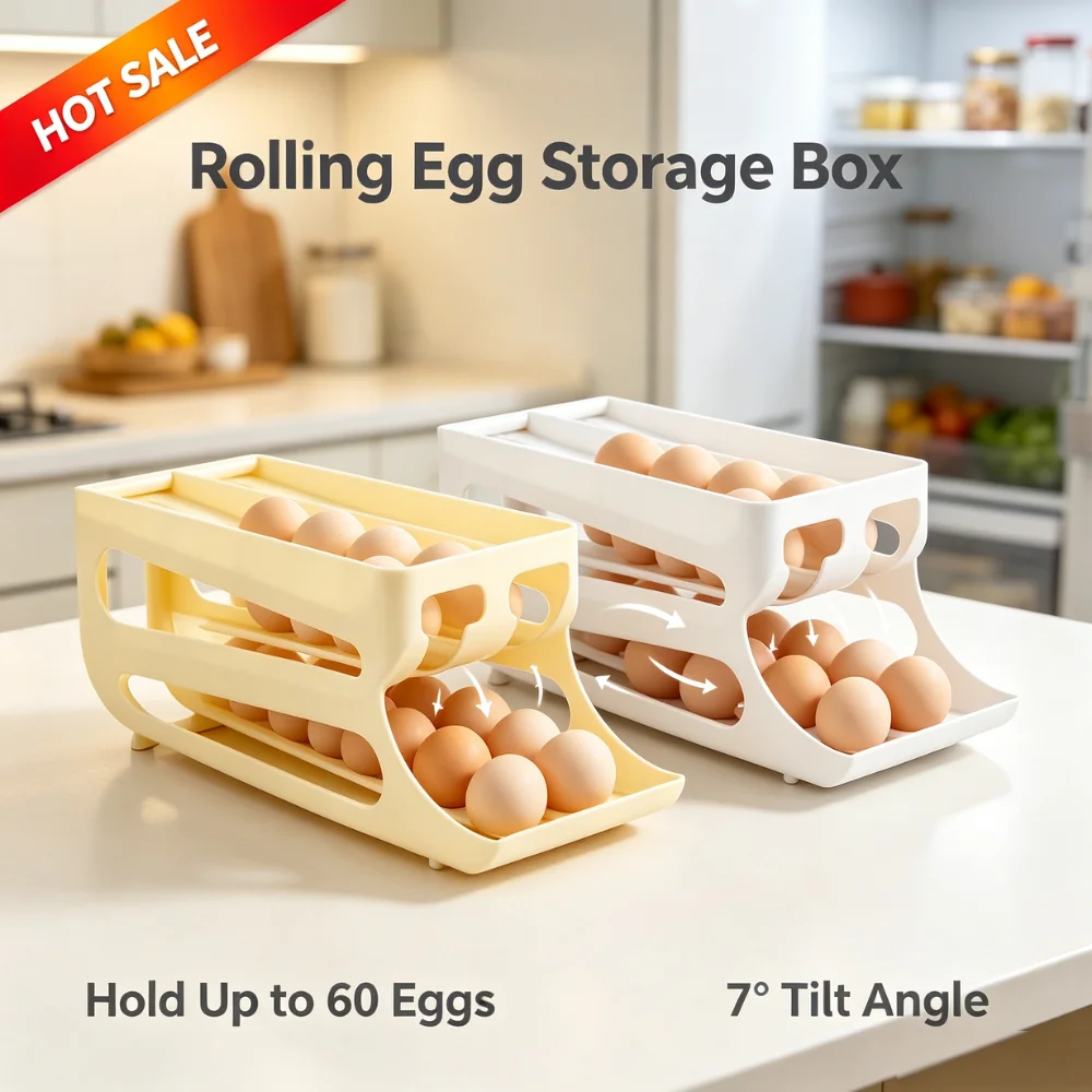 Automatic Rolling Egg Storage Box Tilt Plastic Refrigerator Organizer with Deep Track and Raised Side Panels - Image 2