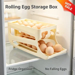 Automatic Rolling Egg Storage Box Tilt Plastic Refrigerator Organizer with Deep Track and Raised Side Panels