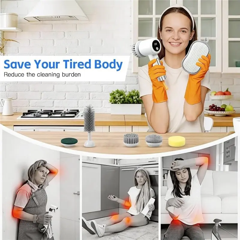 [B25B!】 For Household Electric Brush Wireless For Cleaning Brush With 5 Brush Heads,For Bathroom, Tiled Floors, Kitchen - Image 3