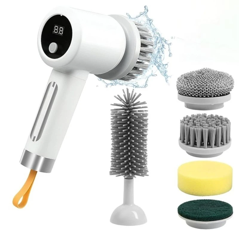 [B25B!】 For Household Electric Brush Wireless For Cleaning Brush With 5 Brush Heads,For Bathroom, Tiled Floors, Kitchen