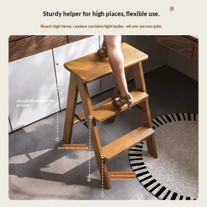 Bamboo 3 Step Ladder Stool Portable Foldable Non-Slip Kitchen Sturdy Household Thick Stairs for Easy Access And Storage