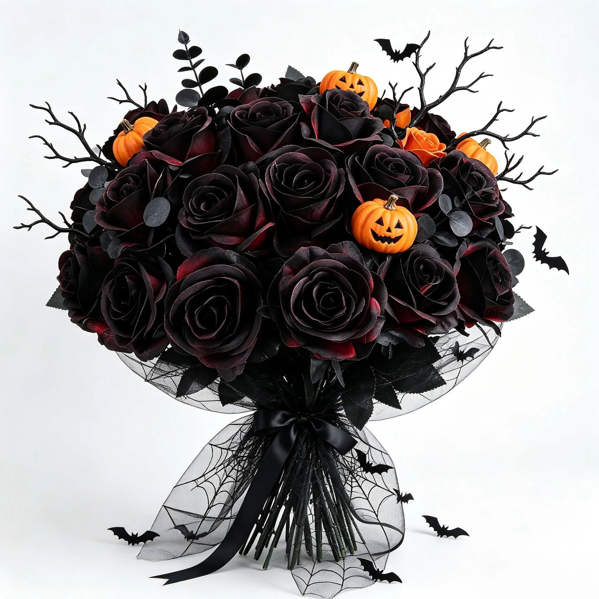 Black Burgundy Rose Halloween DIY Floral Kit Eucalyptus Pumpkin Gothic Stems for Indoor Table Party Window Mantel Home Vase Deco