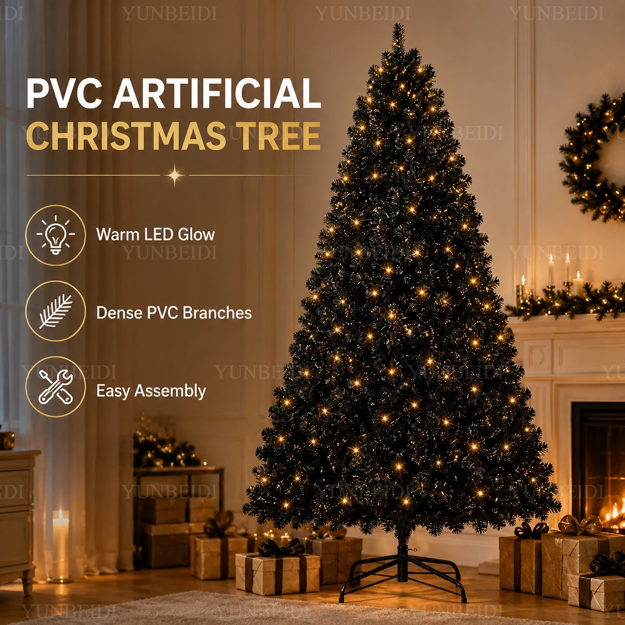 Black Christmas Tree with LED Lights PVC Material Artificial Encrypted Christmas Tree120CM To 210CM Home Christmas Decoration - Image 2