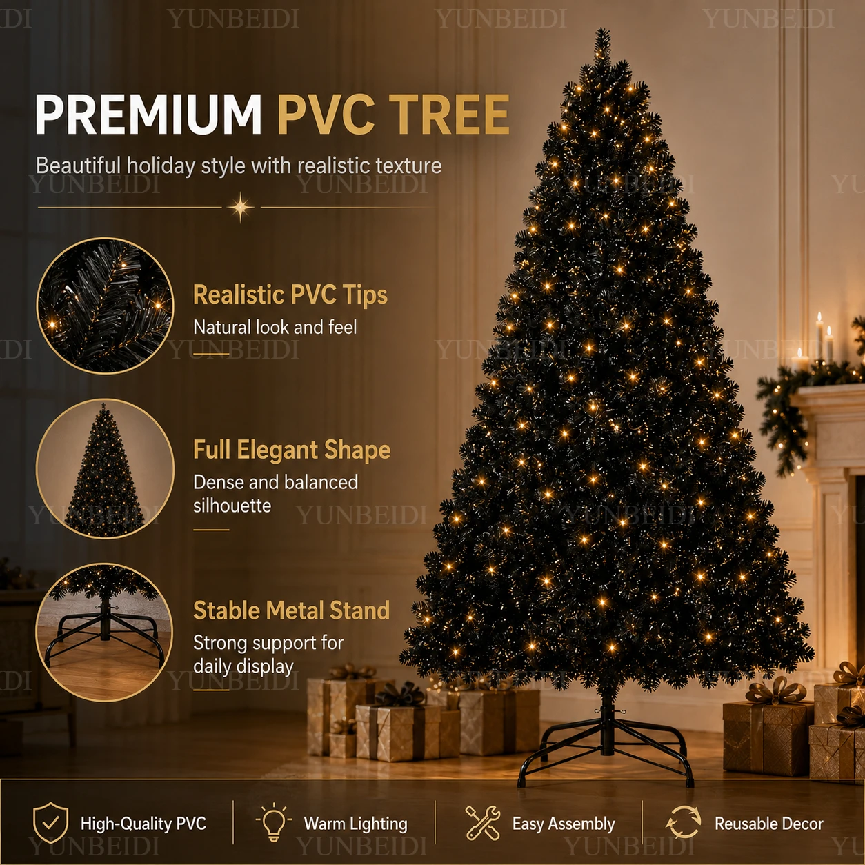 Black Christmas Tree with LED Lights PVC Material Artificial Encrypted Christmas Tree120CM To 210CM Home Christmas Decoration - Image 3