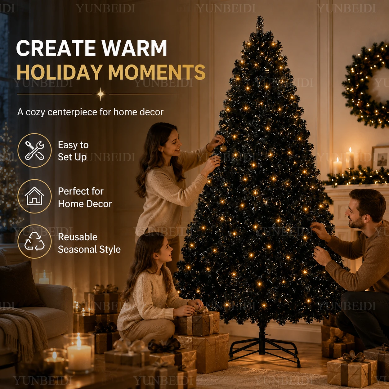 Black Christmas Tree with LED Lights PVC Material Artificial Encrypted Christmas Tree120CM To 210CM Home Christmas Decoration - Image 4