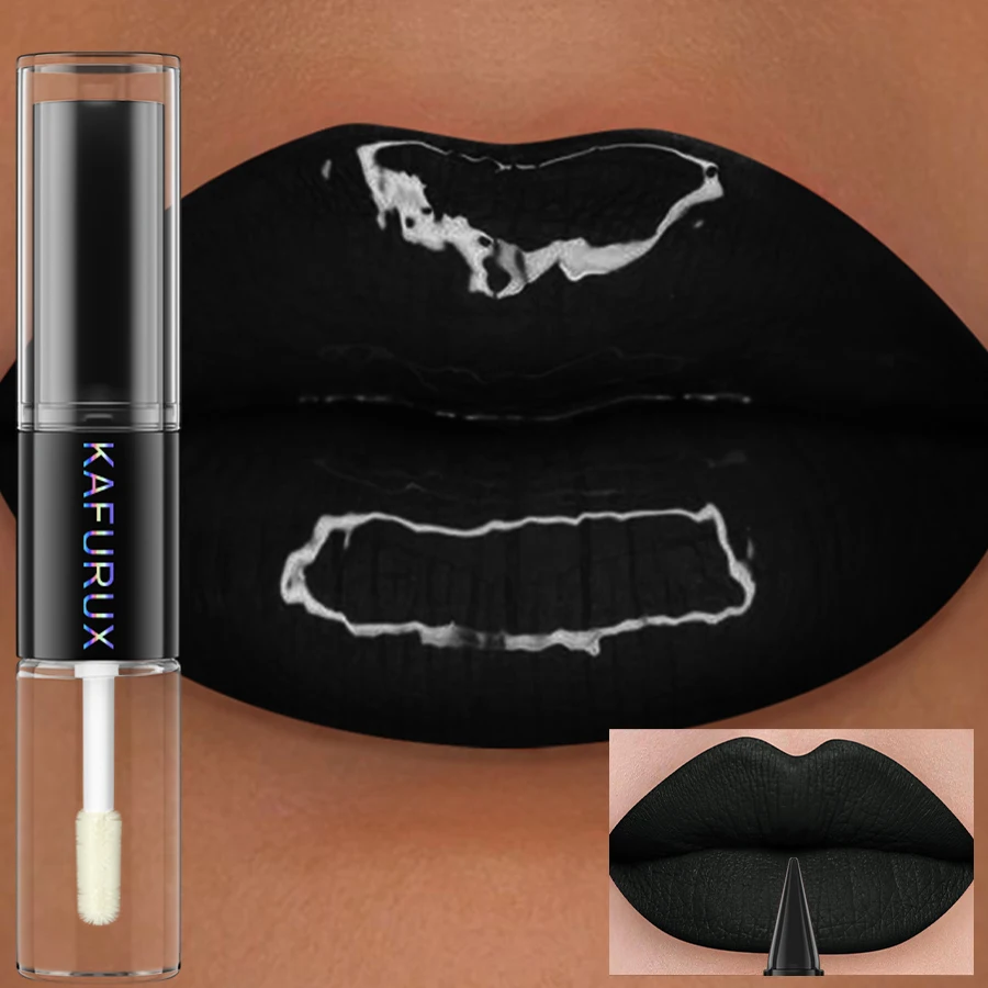 Black Matte 2 In 1 Double Head Lipstick Lip Coat Set Waterproof Coat 24HR Korean Makeup Gifts High Pigment Lip Tint Plumper - Image 3