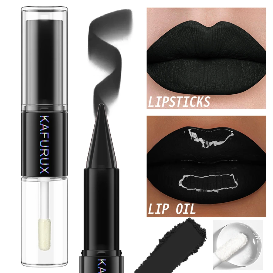 Black Matte 2 In 1 Double Head Lipstick Lip Coat Set Waterproof Coat 24HR Korean Makeup Gifts High Pigment Lip Tint Plumper